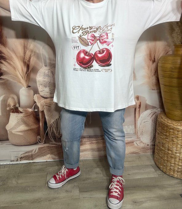 Tee-shirt oversize coton blanc Cherries Festival pailleté doré or douceur +++ du 42 au 54 