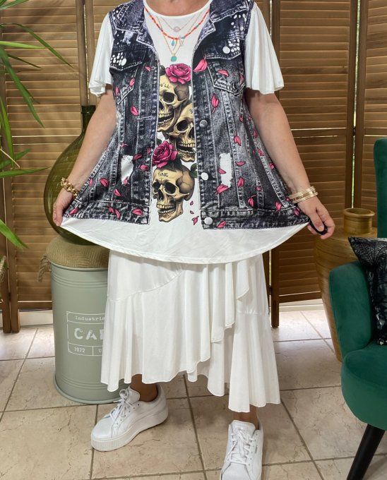 Top trapèze effet veste en jeans grisé Trio de Skulls aux Roses Fuschia du 38 au 48/50