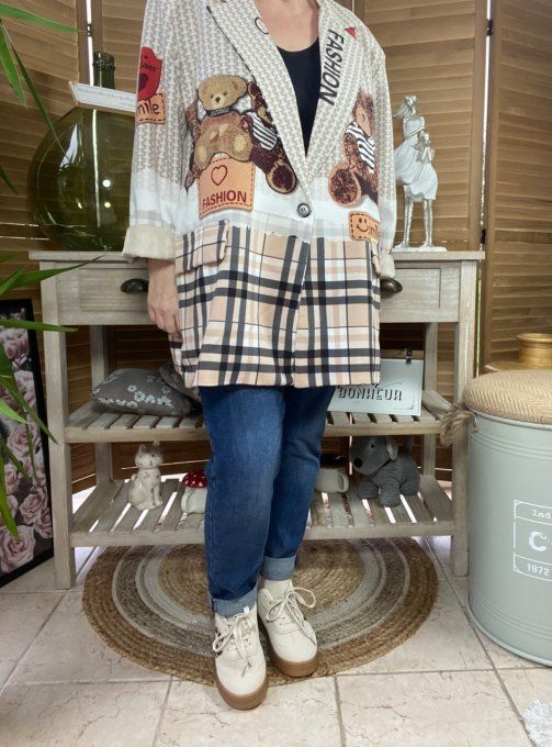 Veste blazer ample crème Tartan Carreaux doublée Teddy Bear du 42 au 50/52 et + 