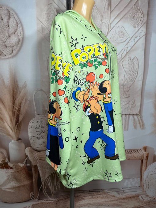 Gilet à capuche oversize vert d'eau Popeye et Olive du 42 au 56 et même +