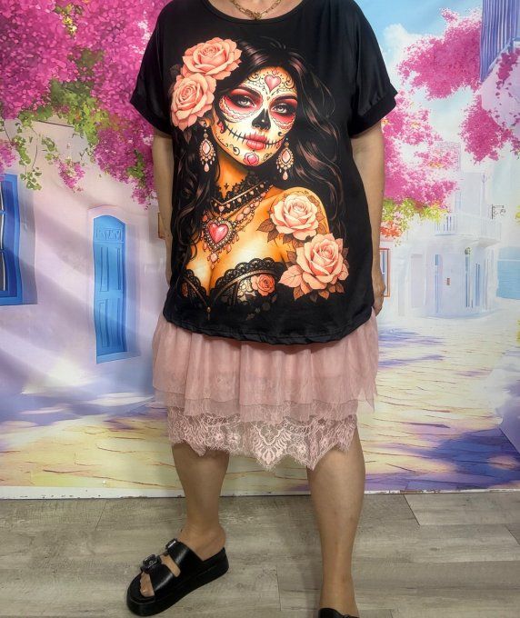 Tee-shirt ample noir manches courtes Beautiful Mexican Calaveras Girl du 40 au 50/52