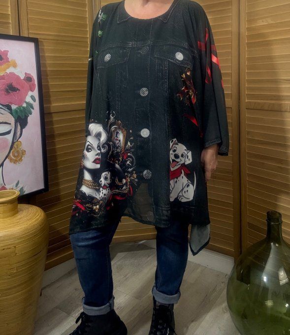 Tunique voile doublée oversize effet jeans noir Cruella et les Dalmatiens du 42 au 54/56