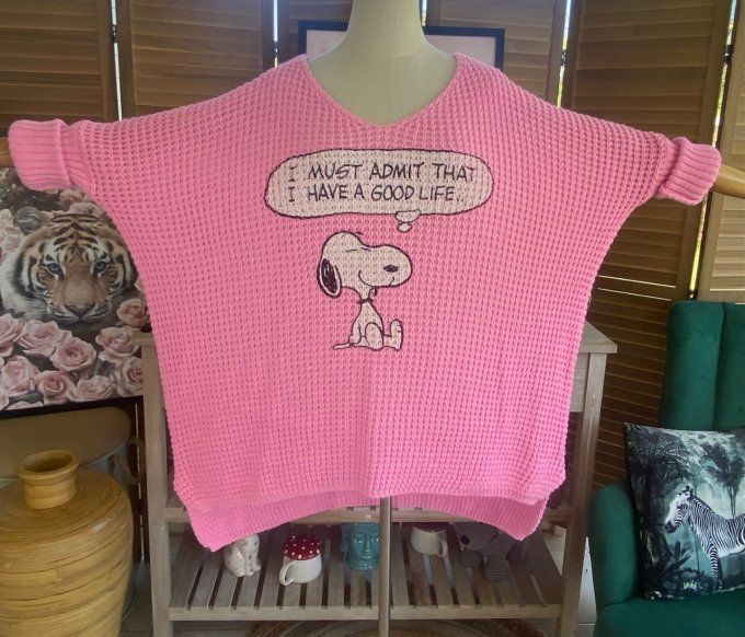 Pull de printemps ample nid d'abeille rose bonbon Snoopy du 42 au 52/54