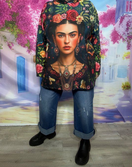 Sweat à capuche ample vert sapin Frida Kahlo aux Fleurs et les Oiseaux confort +++ du 38 au 50