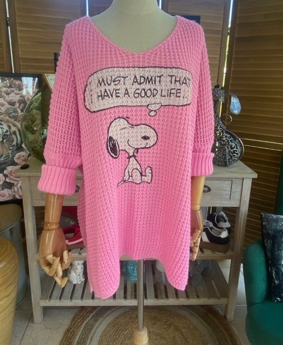 Pull de printemps ample nid d'abeille rose bonbon Snoopy du 42 au 52/54