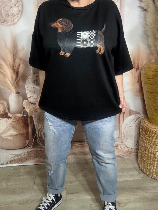 Sweat ample noir manches 3/4 Mon Adorable Teckel Fashion du 38 au 48/50 