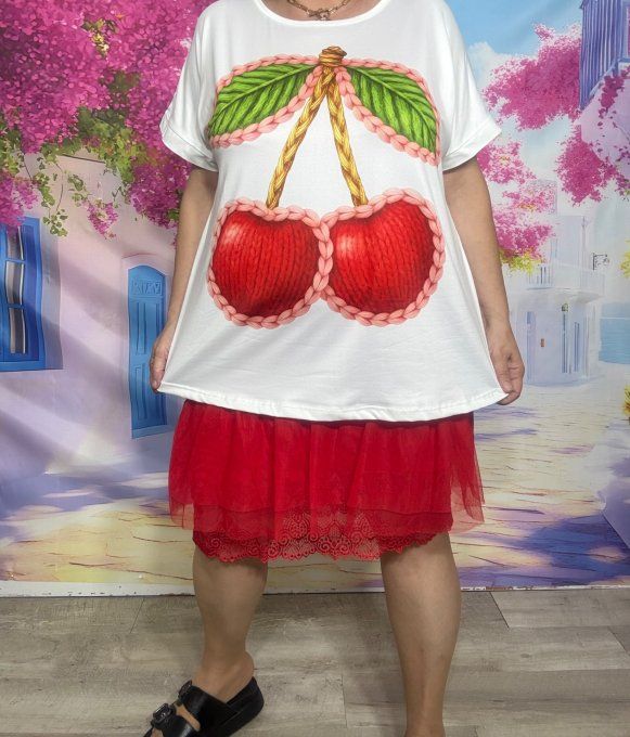 Tee-shirt ample blanc manches courtes Les Cerises Coeurs en crochet du 40 au 50/52   