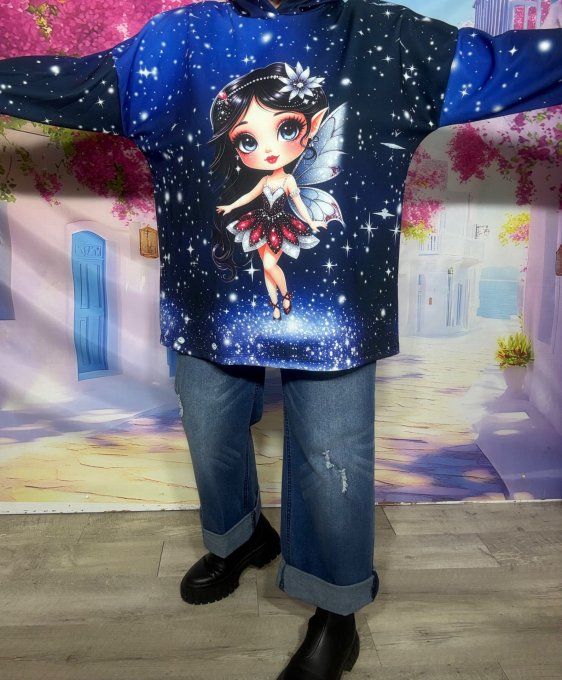 Sweat à capuche ample bleu nuit La Fée Papillon Etoiles confort +++ du 38 au 50 