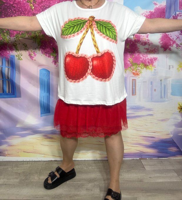 Tee-shirt ample blanc manches courtes Les Cerises Coeurs en crochet du 40 au 50/52   