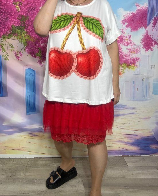 Tee-shirt ample blanc manches courtes Les Cerises Coeurs en crochet du 40 au 50/52   