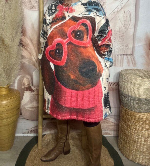 Robe courte ou Sweat long polaire duveteuse crème Mon Teckel Lunettes coeurs du 40 au 50/52