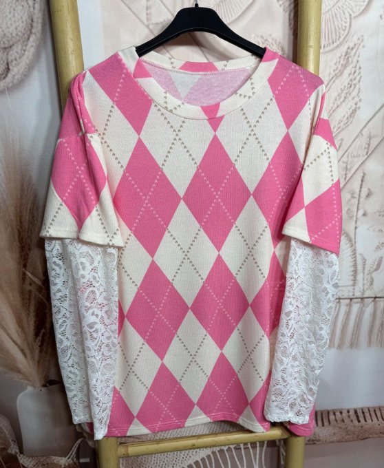 Top "2 en 1" Losanges Argyle Fuschia & manches longues en dentelle blanche du 36 au 46/48  