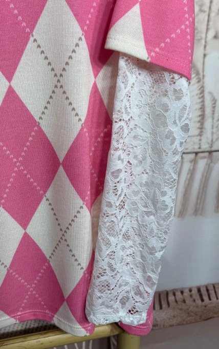 Top "2 en 1" Losanges Argyle Fuschia & manches longues en dentelle blanche du 36 au 46/48  