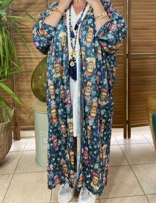 Kimono long bleuté pailleté doré or Portraits de Frida Kahlo du 40 au 52/54