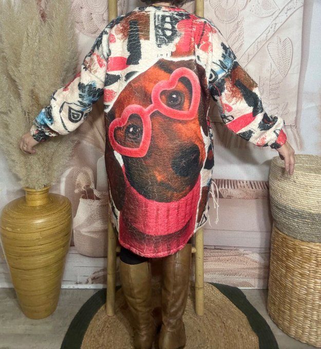 Robe courte ou Sweat long polaire duveteuse crème Mon Teckel Lunettes coeurs du 40 au 50/52