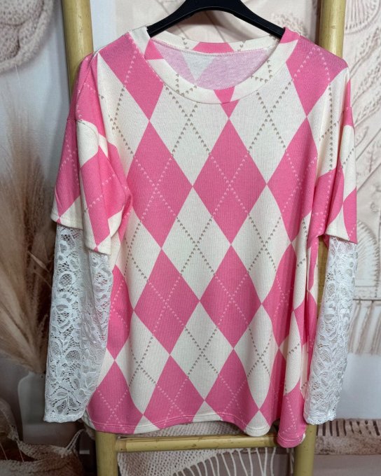 Top "2 en 1" Losanges Argyle Fuschia & manches longues en dentelle blanche du 36 au 46/48  