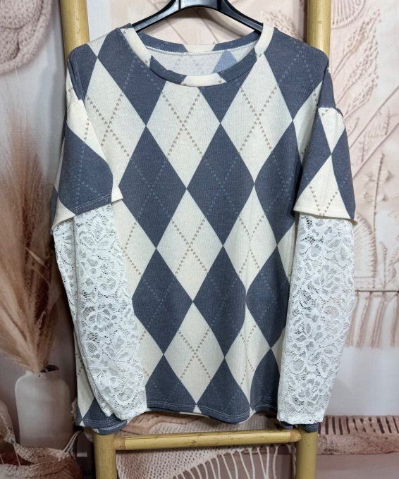 Top "2 en 1" Losanges Argyle Marine & manches longues en dentelle blanche du 36 au 46/48