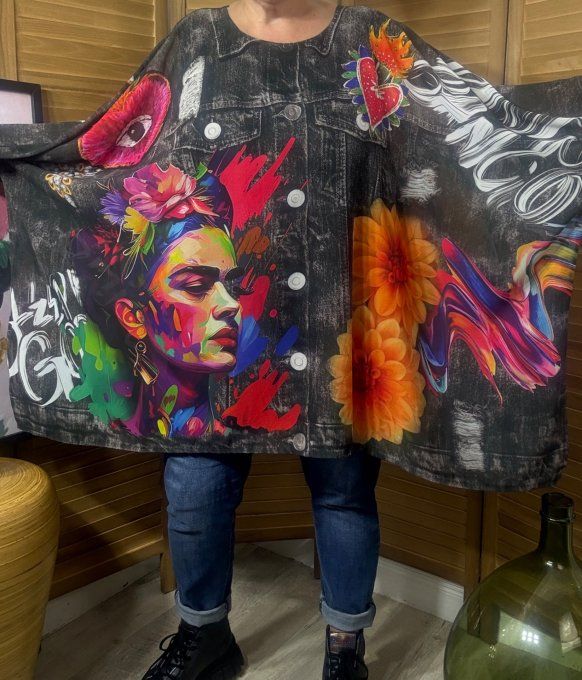 Tunique voile doublée oversize effet jeans noir Frida Kahlo aux Fleurs du 42 au 54/56