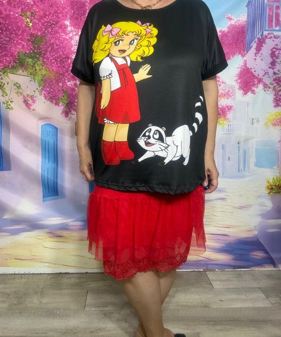 Tee-shirt ample noir manches courtes Au Pays de Candy & Capucin le raton-laveur  du 40 au 50/52 