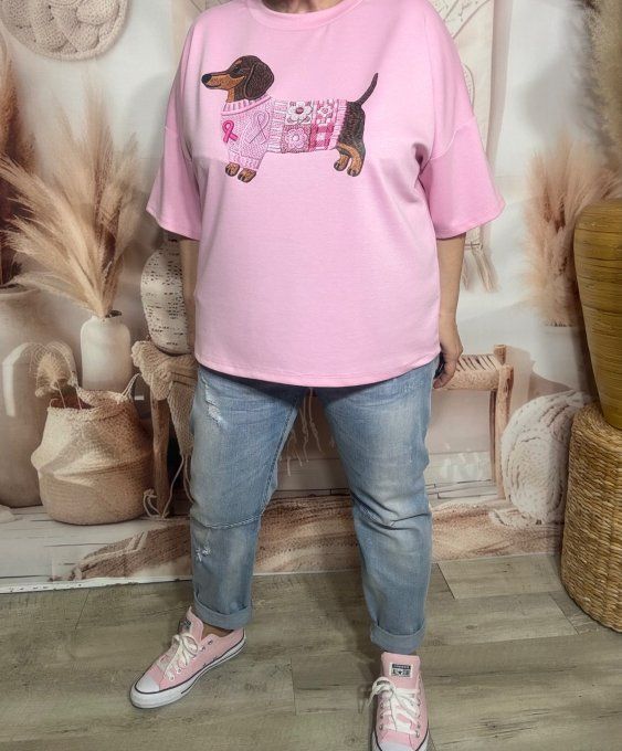 Sweat ample Rose poudré manches 3/4 Mon Adorable Teckel Fashion du 38 au 48/50 