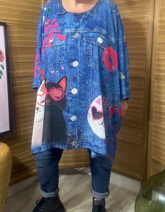 Tunique voile doublée oversize effet jeans délavé Le duo de chats du 42 au 54/56 