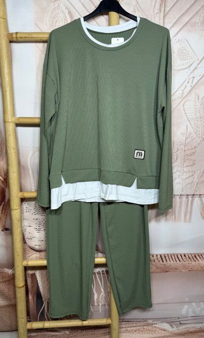Ensemble pantalon + sweat finement côtelé Kaki confort +++ du 38 au 48 
