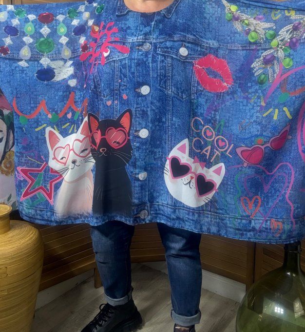 Tunique voile doublée oversize effet jeans délavé Le duo de chats du 42 au 54/56 