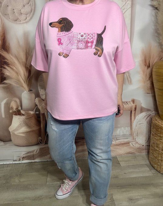 Sweat ample Rose poudré manches 3/4 Mon Adorable Teckel Fashion du 38 au 48/50 