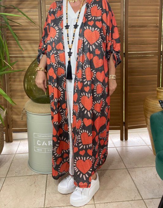 Kimono long noir pailleté doré or Coeurs Rouges du 40 au 50/52 et même + 