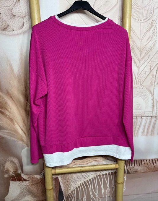 Ensemble pantalon + sweat finement côtelé Fuschia confort +++ du 38 au 48 