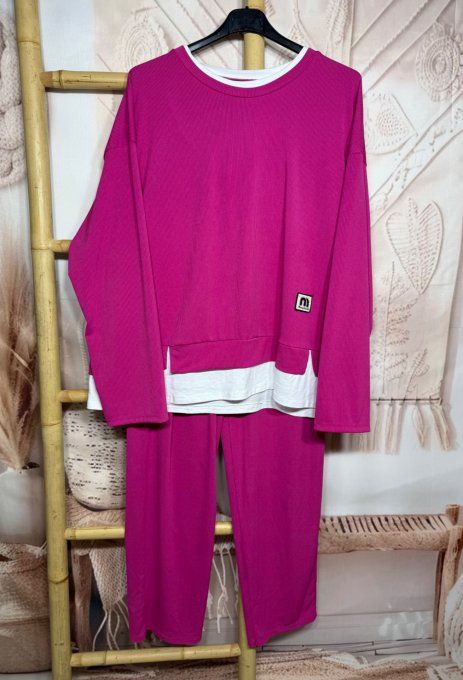 Ensemble pantalon + sweat finement côtelé Fuschia confort +++ du 38 au 48 