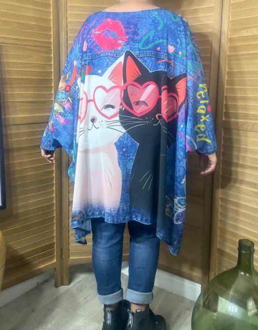 Tunique voile doublée oversize effet jeans délavé Le duo de chats du 42 au 54/56 