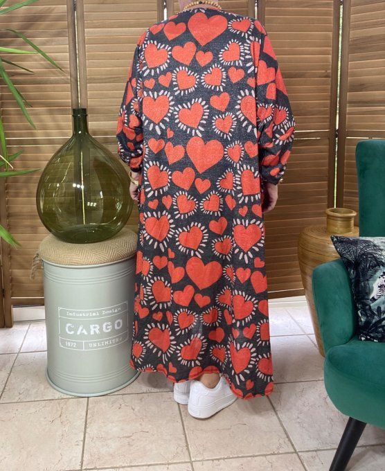 Kimono long noir pailleté doré or Coeurs Rouges du 40 au 50/52 et même + 
