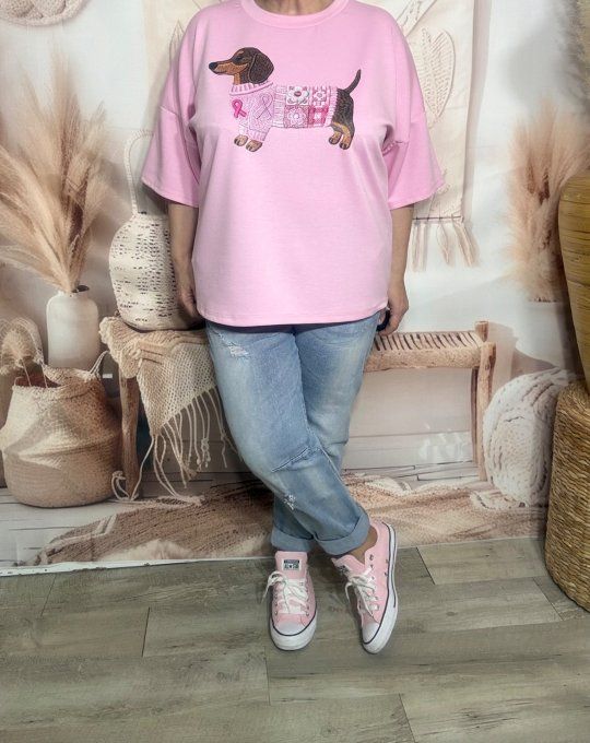 Sweat ample Rose poudré manches 3/4 Mon Adorable Teckel Fashion du 38 au 48/50 