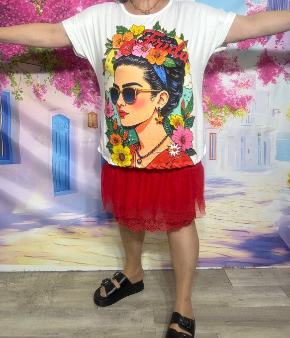 Tee-shirt ample blanc manches courtes Viva la Vida Frida Kahlo du 40 au 50/52 