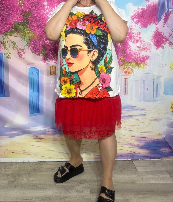 Tee-shirt ample blanc manches courtes Viva la Vida Frida Kahlo du 40 au 50/52 