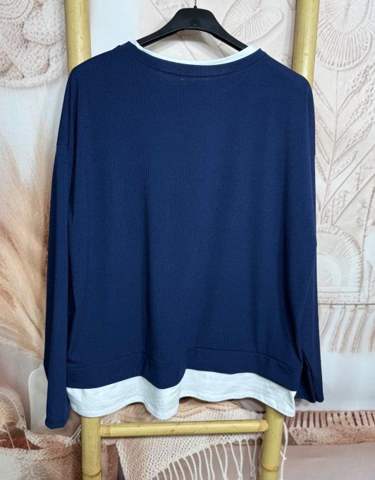 Ensemble pantalon + sweat finement côtelé marine confort +++ du 38 au 48 