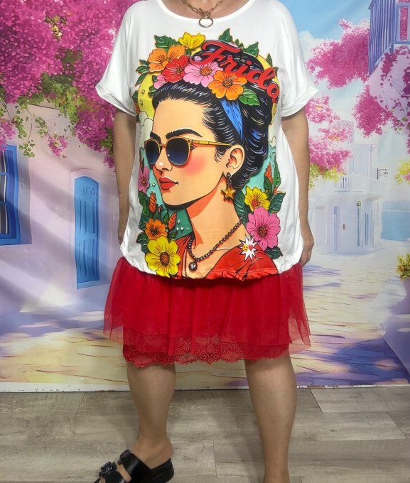Tee-shirt ample blanc manches courtes Viva la Vida Frida Kahlo du 40 au 50/52 