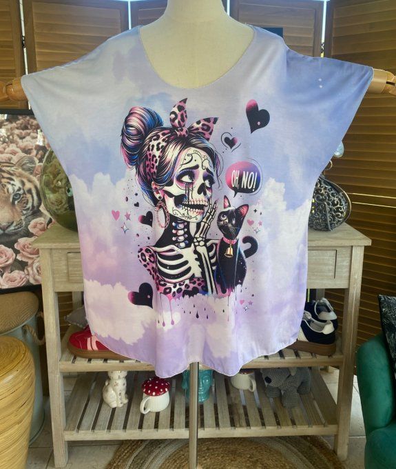 Top fin ample Lilas Mexican Skulls Catarina & the Black Cat du 40 au 52  