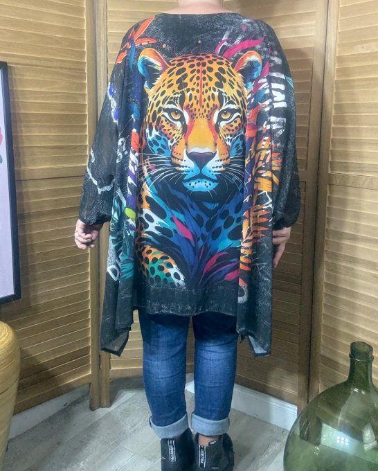 Tunique voile doublée oversize effet jeans noir Jungle Tropicale Le Tigre du 42 au 54/56