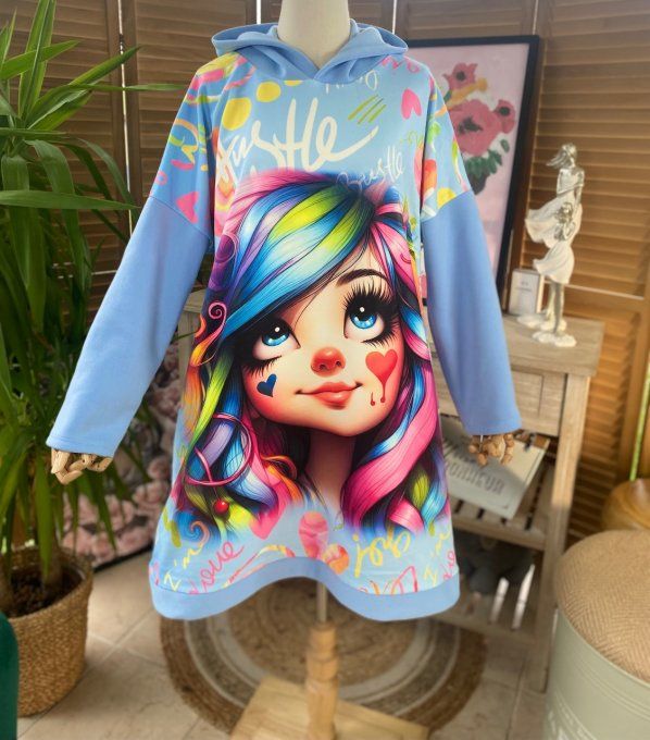 Sweat à capuche long ou robe sweat ciel La Fillette Arc-En-Ciel du 40 au 52 