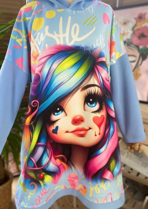 Sweat à capuche long ou robe sweat ciel La Fillette Arc-En-Ciel du 40 au 52 