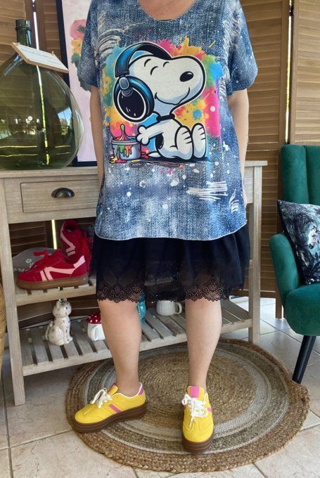 Top fin ample effet jeans délavé Rainbow Snoopy  du 40 au 52 