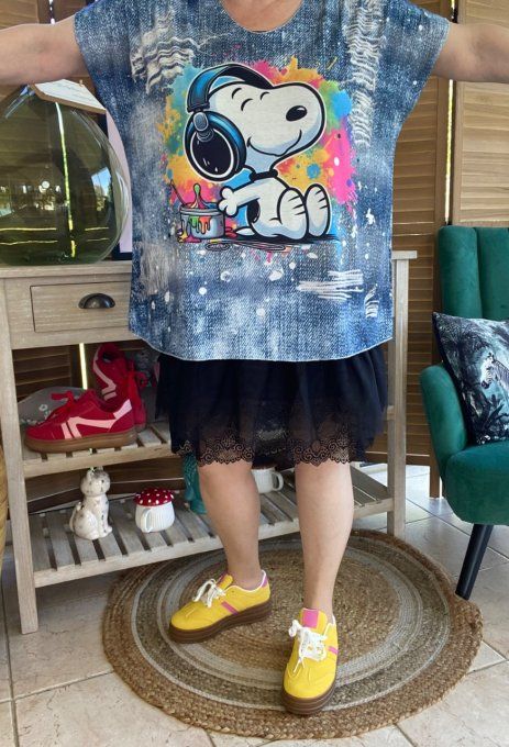 Top fin ample effet jeans délavé Rainbow Snoopy  du 40 au 52 