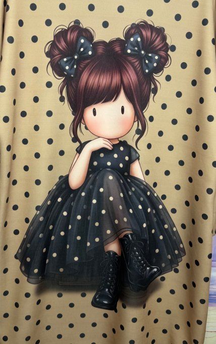 Robe-sweat à capuche mi-longue ample Beige Pois noirs Poupée Gorjuss confort +++ du 42 au 52/54