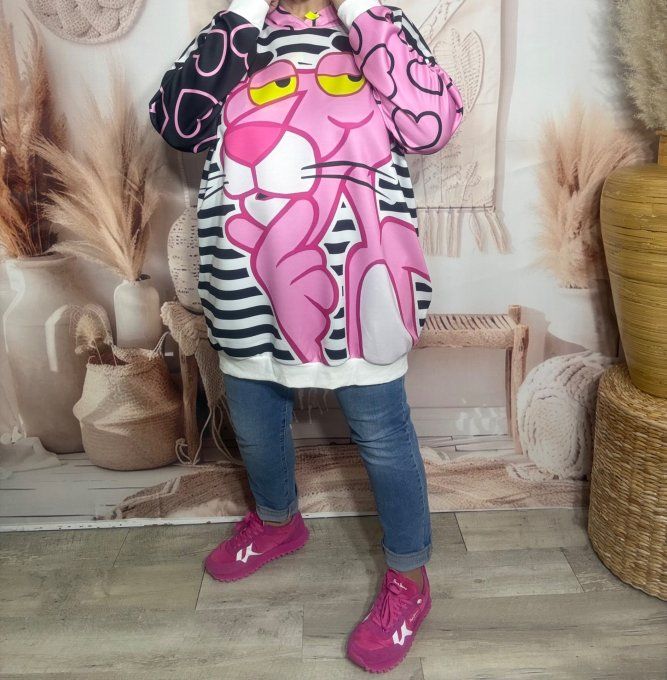 Sweat à capuche oversize blanc multicolore La Panthère Rose du 40 au 52/54 