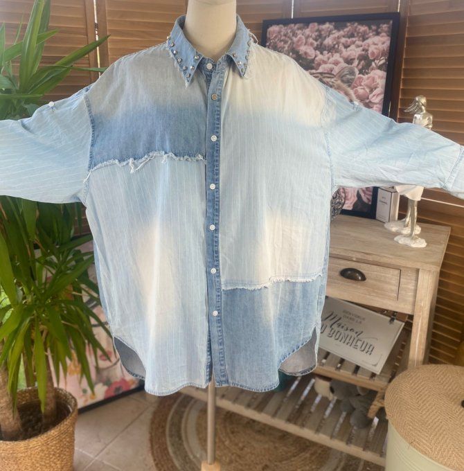 Chemise ample jeans stone délavé et rayée effet déstructuré strass argentés du 40 au 48/50