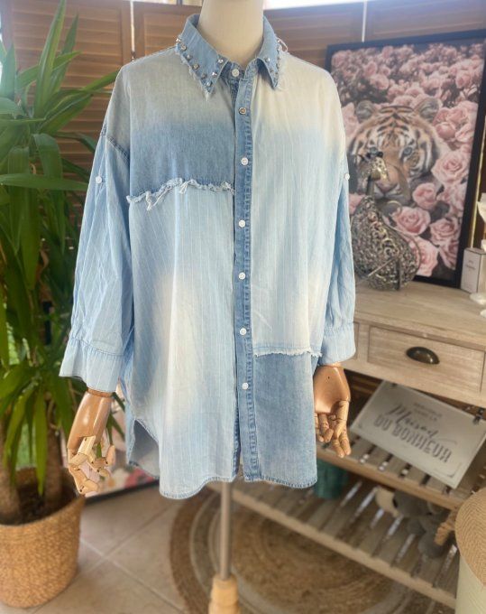 Chemise ample jeans stone délavé et rayée effet déstructuré strass argentés du 40 au 48/50