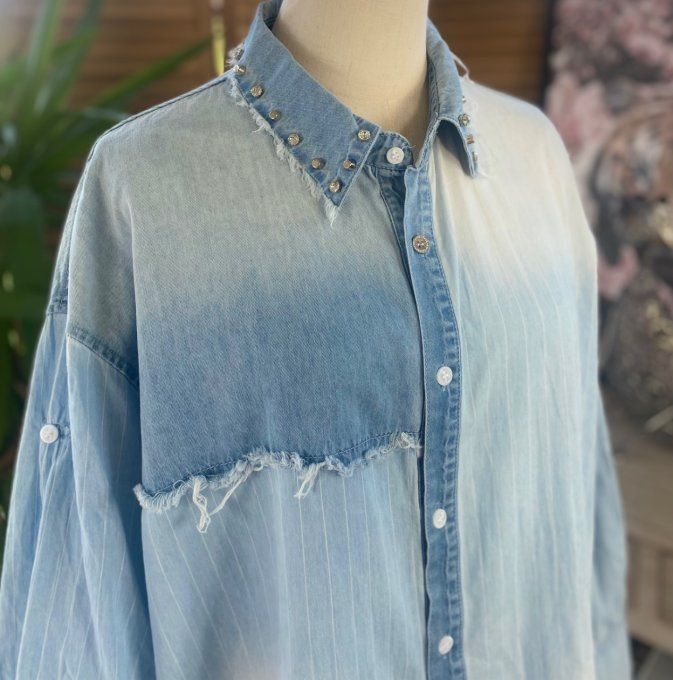 Chemise ample jeans stone délavé et rayée effet déstructuré strass argentés du 40 au 48/50