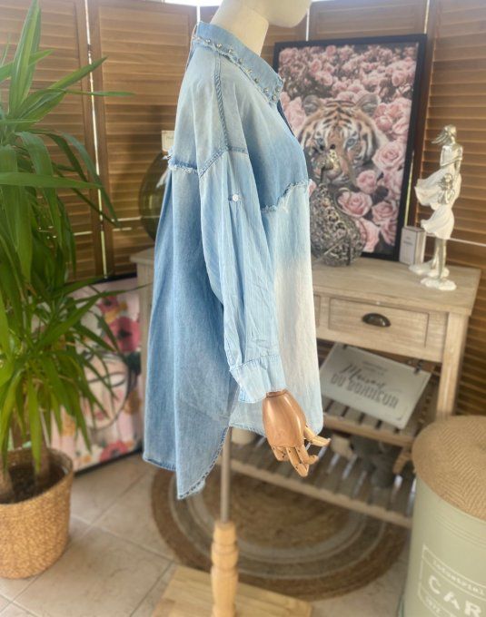 Chemise ample jeans stone délavé et rayée effet déstructuré strass argentés du 40 au 48/50